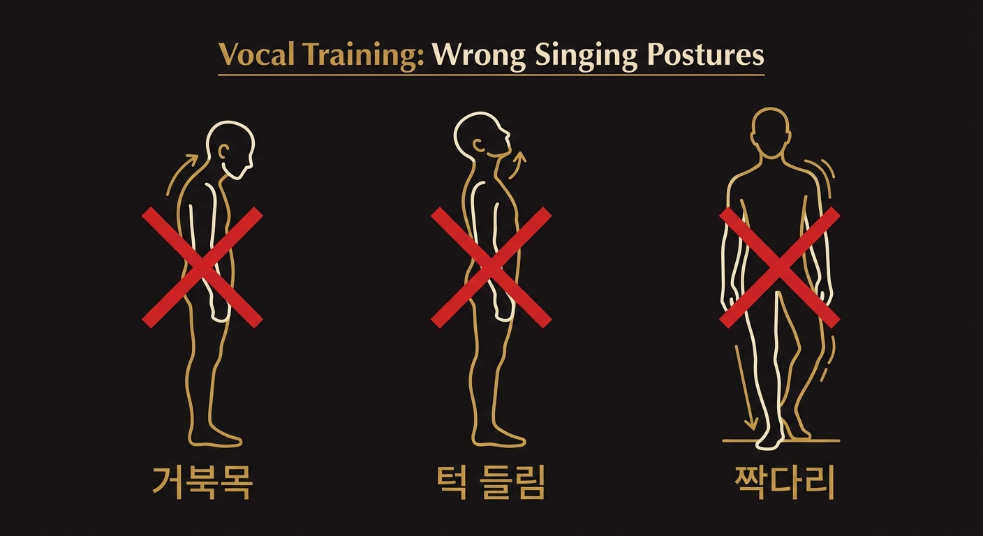 잘못된 자세 예시: 거북목, 턱 들림, 짝다리